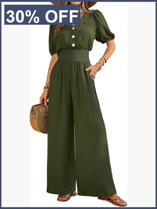 Pants - Short Sleeve V Neck Wide Leg Jumpsuit Romper One Piece Outfit
